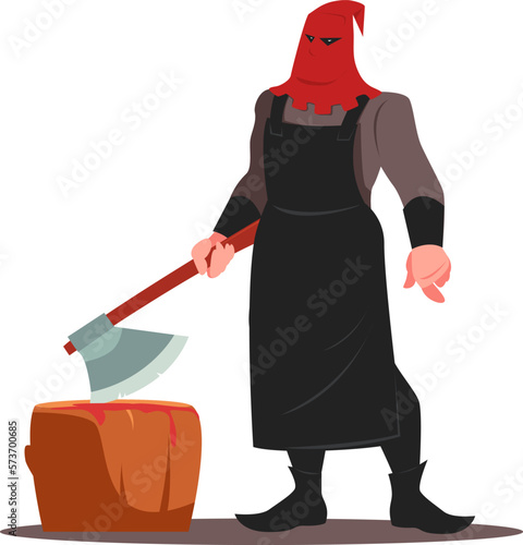 Medieval executioner with an axe in his hands near scaffold. Stock vector illustration