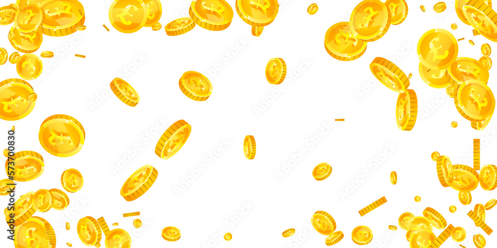 British pound coins falling. Scattered gold GBP British pound coins falling. Scattered gold GBP