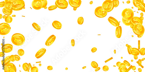 British pound coins falling. Scattered gold GBP