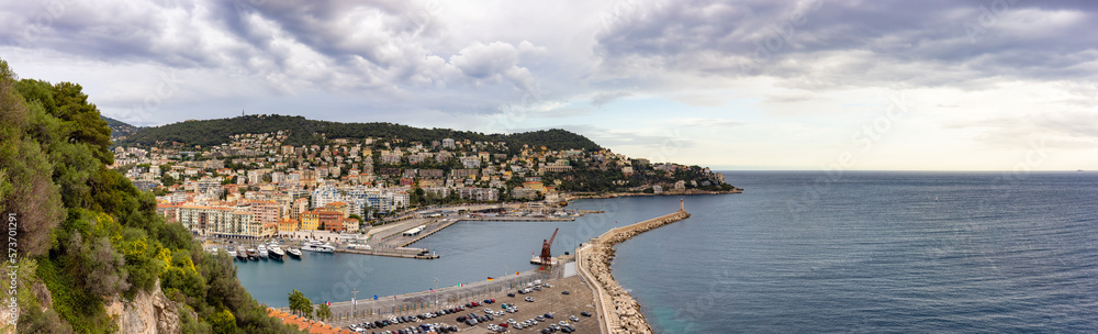 Marina and Residential Homes in Historic City of Nice, France. View from Castle Hill. Cloudy Evening before Sunset. Panorama