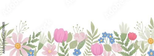 Floral border. Blossomed summer flowers, edge decoration, banner. Spring field and meadow blooming plants, beautiful wildflowers. Delicate floristic horizontal decor. Flat vector illustration
