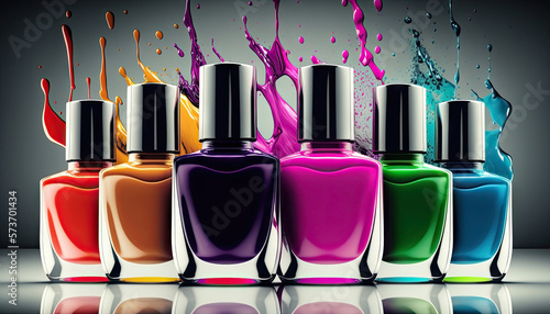 Fotografiet Colorful nail polish bottles, fashion trendy illustration