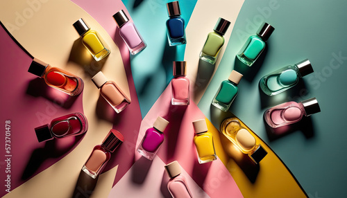 Colorful nail polish bottles, fashion trendy illustration. Generative AI