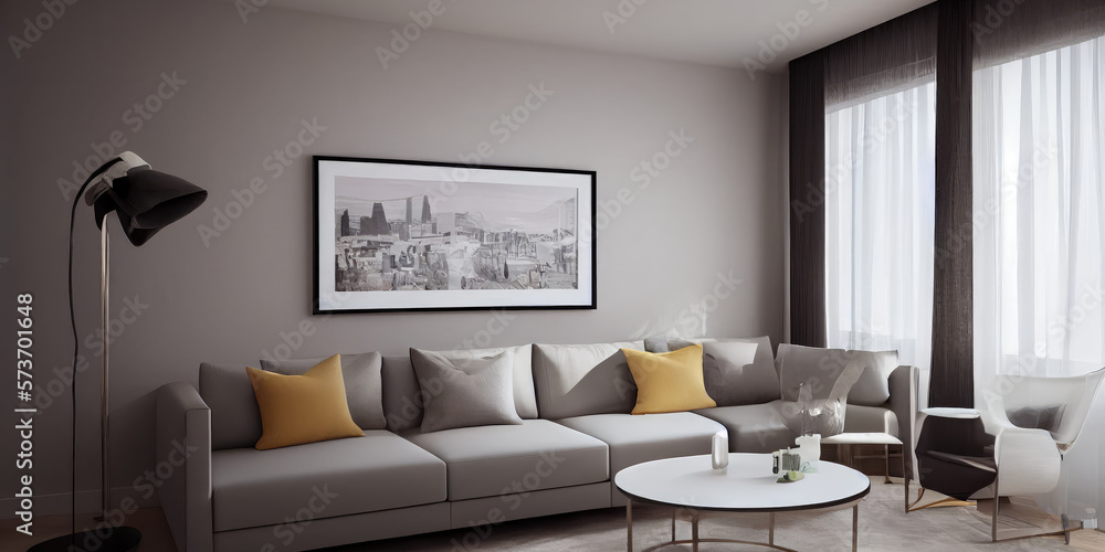Fototapeta premium Elegant and comfortable designed living room with big corner sofa. Interior design modern apartment. Generative AI.