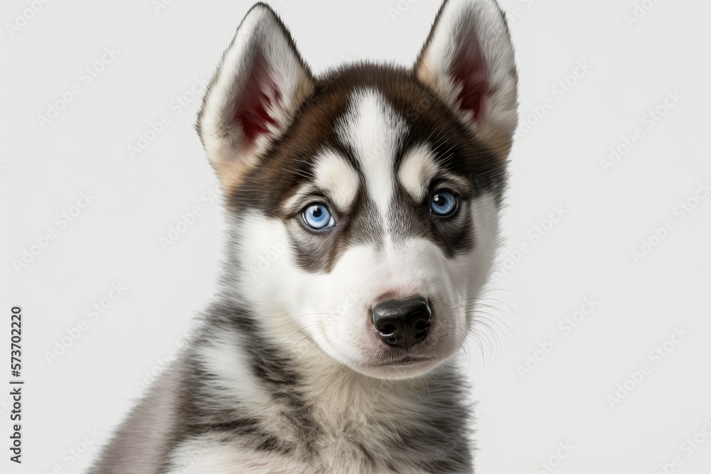 Pictured here is a Siberian Husky pup, just six months old, posing against a white background for its portrait. Generative AI Pictured here is a Siberian Husky pup, just six months old, posing against a white background for its portrait. Generative AI