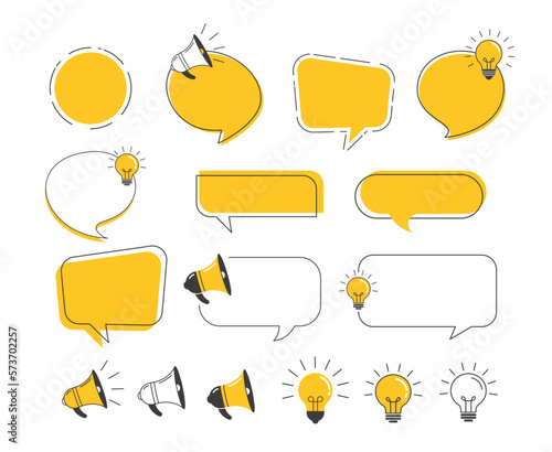 Collection of yellow and black speech bubbles, megaphones and light bulbs. Fun facts, trivia, idea concept design photo