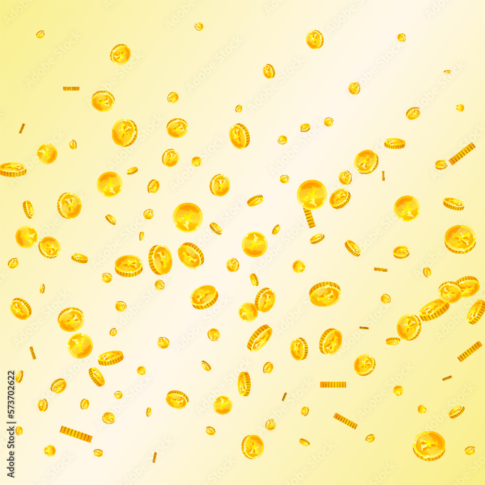 Japanese yen coins falling. Scattered gold JPY Japanese yen coins falling. Scattered gold JPY