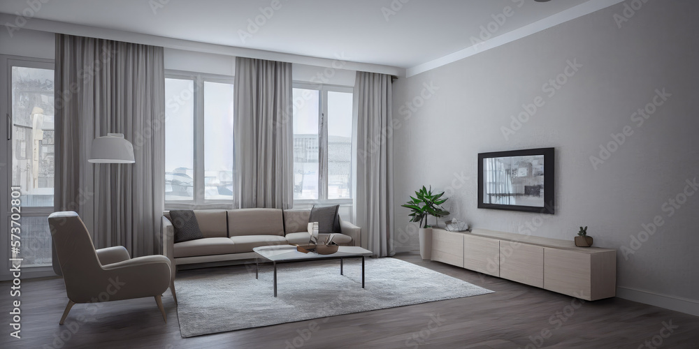 Fototapeta premium Elegant and comfortable designed living room with big corner sofa. Interior design modern apartment. Generative AI.