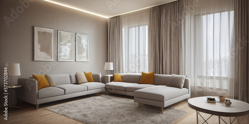 Elegant and comfortable designed living room with big corner sofa. Interior design modern apartment. Generative AI.