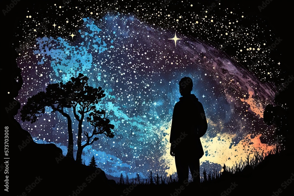 Silhoutte of a man against the universe, cosmic background, meditation
