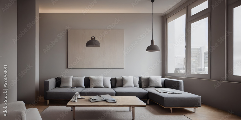 Elegant and comfortable designed living room with big corner sofa. Interior design modern apartment. Generative AI. Elegant and comfortable designed living room with big corner sofa. Interior design modern apartment. Generative AI.