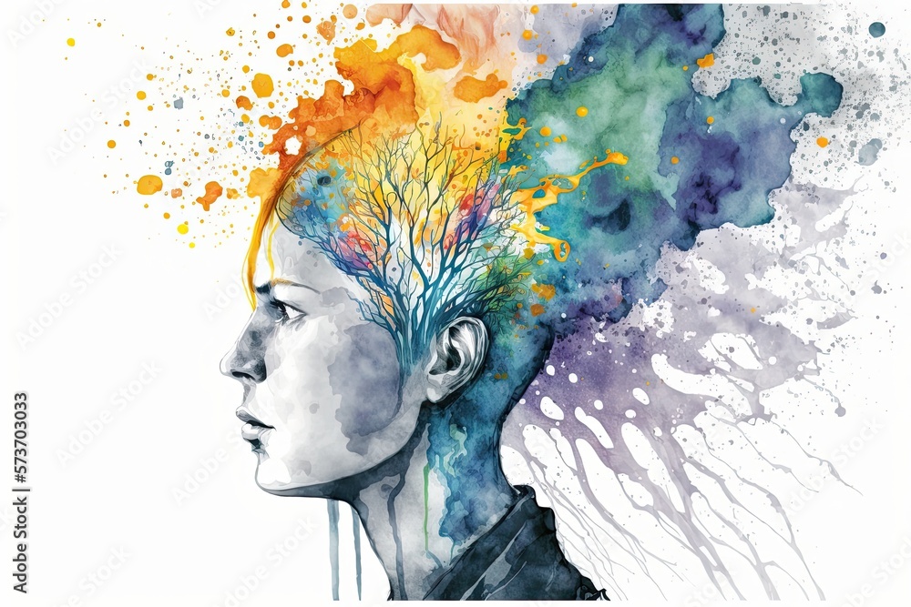 Mental health - human head in watercolor (AI generated)