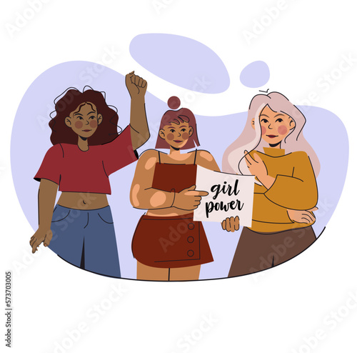 March 8 Accept justice. International Women's Day. IWD. Emrace Equity hashtag. 3 girls of different nationalities hugging themselves