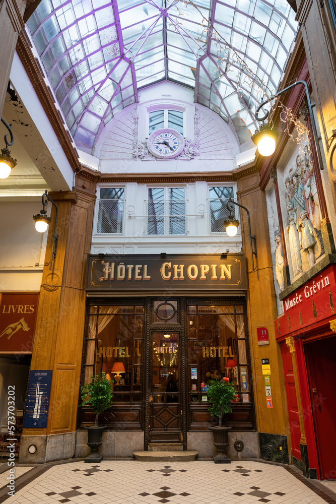 Paris, France - February 10 2023: Hotel Chopin Facade in Passage ...