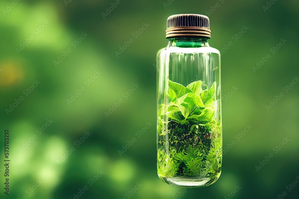 Illustration of a bottle with leaves and life - Created with generative ai Illustration of a bottle with leaves and life - Created with generative ai