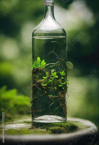 Illustration of a bottle with leaves and life - Created with generative ai