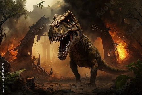 Dinosaur park is destroyed in shocking scene. Generative AI © 2rogan