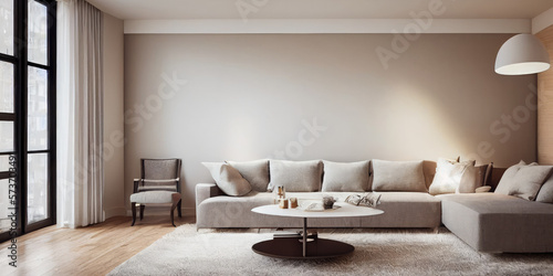 Elegant and comfortable designed living room with big corner sofa. Interior design modern apartment. Generative AI.