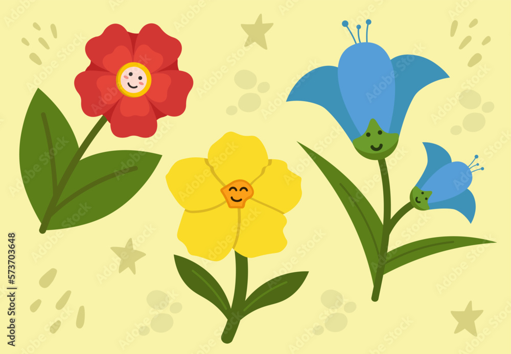 Collection Of Happy Flowers With Faces Colorful Vector Illustration In Flat Style