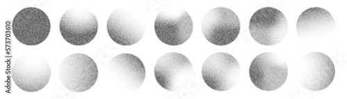 Circles with grain dot gradient texture, black stipple noise pattern, abstract vector. Circles dotwork with halftone dotted gradient or stipple pointillism art graphic
