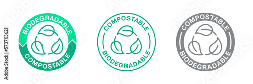 Biodegradable compostable icons, bio recyclable and degradable package stamps, vector recycle leaf symbols. Eco and bio degradable label for recyclable plastic free bags photo
