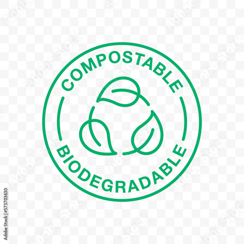 Biodegradable icon or compostable eco plastic, vector leaf label. Bio degradable stamp, green recycle circle symbol, for eco friendly organic and recyclable packs photo