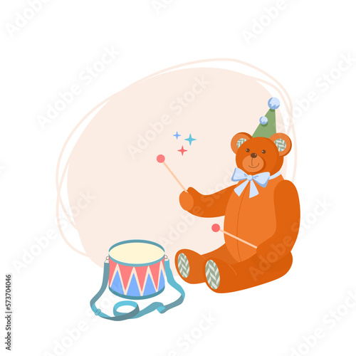 Cute teddy bear in festive cap and blue bow around his neck sits and drums on blue-red drum. Greeting children's card. Vector illustration in cartoon style.