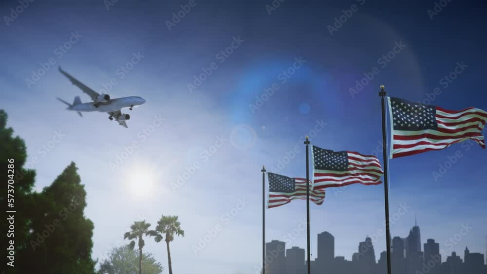 Airplane landing in New York, USA. A generic passenger plane lowering