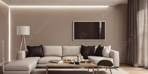 Elegant and comfortable designed living room with big corner sofa. Interior design modern apartment. Generative AI.