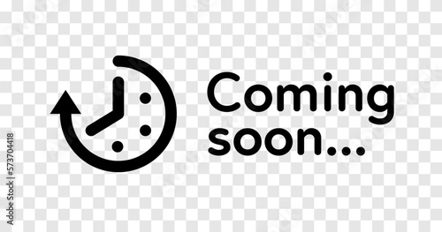 Coming soon clock icon, new open vector sign of timer with time arrow. Coming soon promotion countdown clock symbol