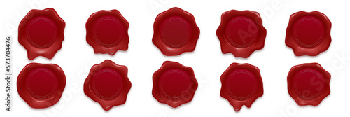 Stamp wax seals vector set, red sealing wax realistic labels on white background. Post stamp rubber seals for quality certificate