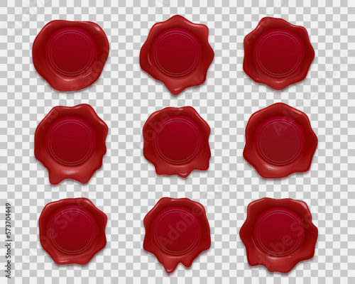 Stamp wax seal, red sealing wax stamps on vector transparent background. Realistic wax seals and stamps for certificate or guarantee