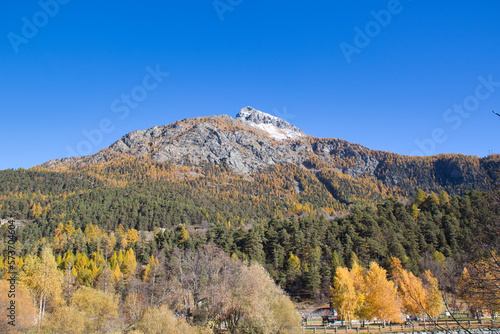 Around Brusson lake in autumn. Ayas valley  Italy.