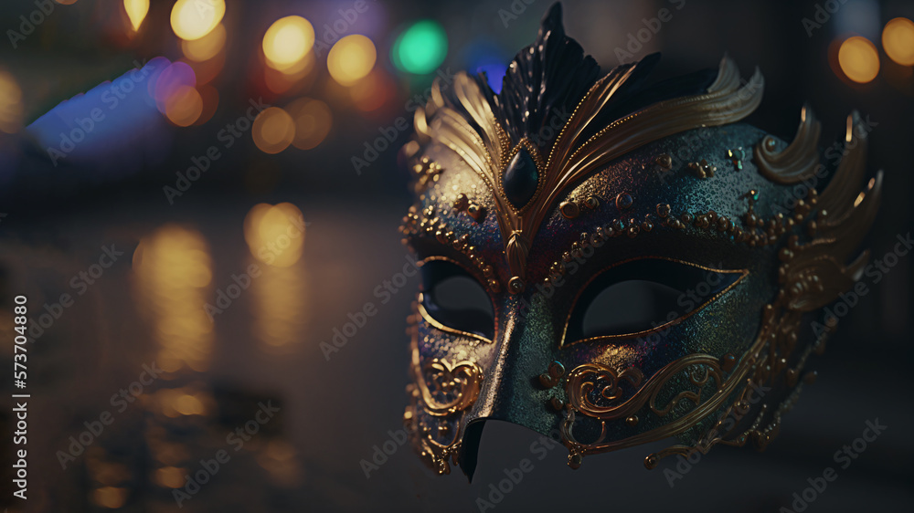 Naklejka premium Mardi Gras Mask. Bokeh Background. Generative AI.