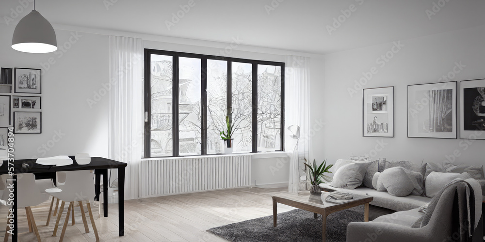 Fototapeta premium Stylish scandinavian composition of living room with design armchair, mock up poster frame, personal accessories in modern home decor. Generative AI.