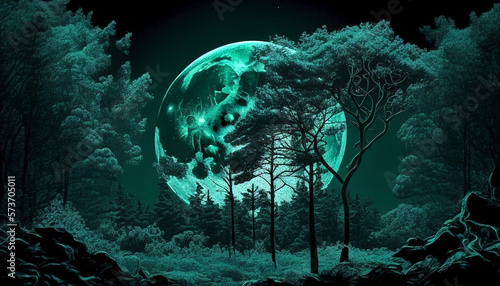 The trees and the full moon at night. Ai generated.