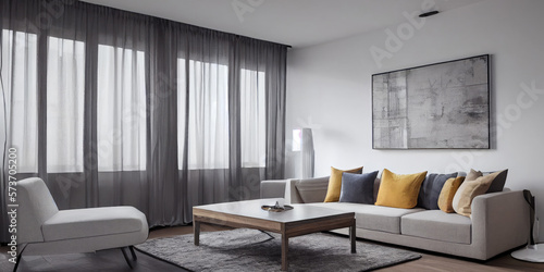 Elegant and comfortable designed living room with big corner sofa. Interior design modern apartment. Generative AI.