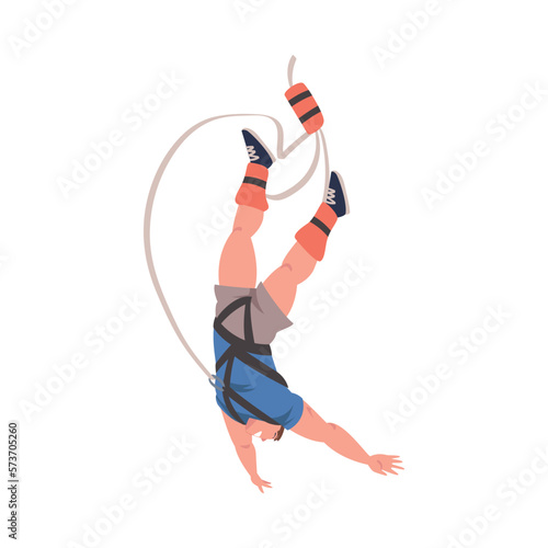 Bungee Jumping with Man Character Free Falling Down from Great Height Connected to Elastic Cord Vector Illustration