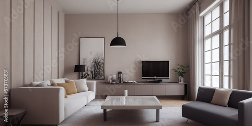 Elegant and comfortable designed living room with big corner sofa. Interior design modern apartment. Generative AI.