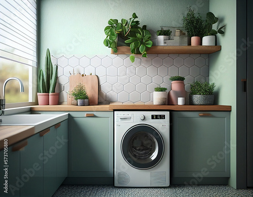 A Modern and Organic Light Green Laundry Room | Generative AI