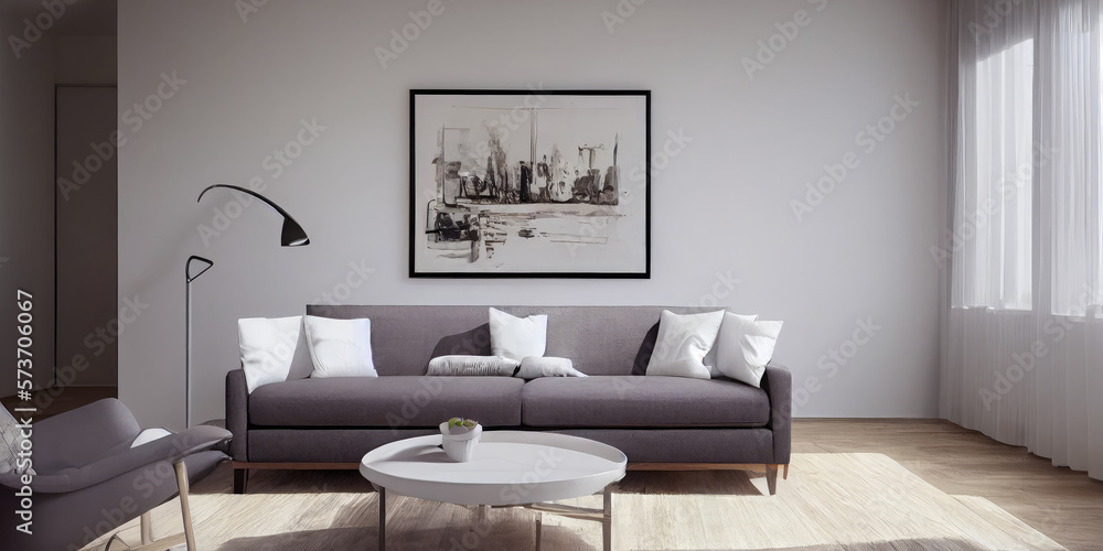 Elegant and comfortable designed living room with big corner sofa. Interior design modern apartment. Generative AI. Elegant and comfortable designed living room with big corner sofa. Interior design modern apartment. Generative AI.