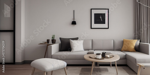 Elegant and comfortable designed living room with big corner sofa. Interior design modern apartment. Generative AI.