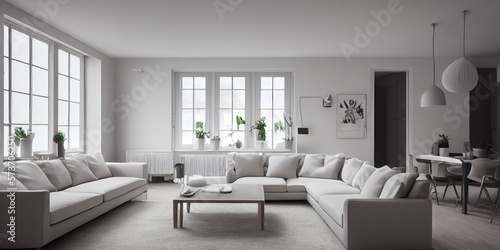 Stylish scandinavian composition of living room with design armchair  mock up poster frame  personal accessories in modern home decor. Generative AI.