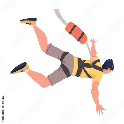 Bungee Jumping with Man Character Free Falling Down from Great Height Connected to Elastic Cord Vector Illustration