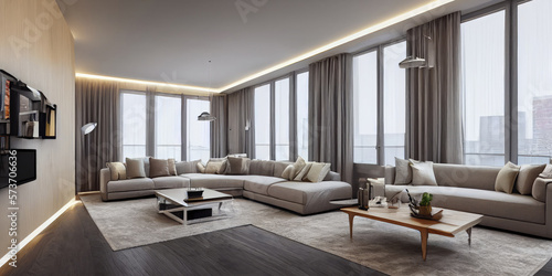 Elegant and comfortable designed living room with big corner sofa. Interior design modern apartment. Generative AI.