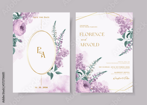 Watercolor wedding invitation template set with beautiful purple floral and leaves decoration