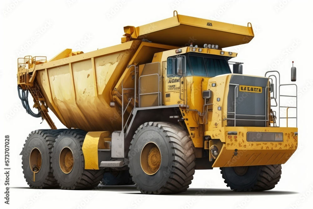 Open pit mine industry. Yellow mining truck for coal transport to excavator loads. Generative AI