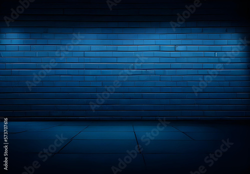 Empty dark abstract dark blue background, Rays of neon light in the dark, spotlights and and studio room with smoke float up interior texture for display products wall background. Generative AI photo