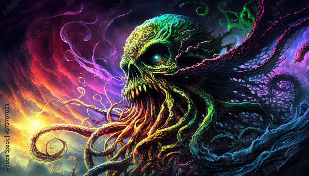 A haunting and psychedelic depiction of Cthulhu and the Colors Out of Space, with eerie and absurd elements, set in a coatl-colored fog - a cinematic horrorpunk wallpaper background A haunting and psychedelic depiction of Cthulhu and the Colors Out of Space, with eerie and absurd elements, set in a coatl-colored fog - a cinematic horrorpunk wallpaper background