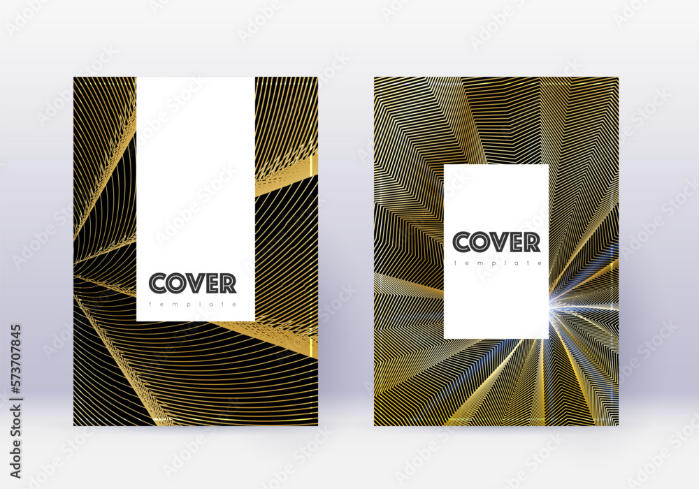 Hipster cover design template set. Gold abstract lines on black background. Charming cover design. Admirable catalog, poster, book template etc.